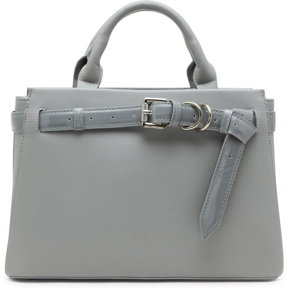 Satchel Bag Light Grey Leather with Patent Belt Crossbody and Organizer